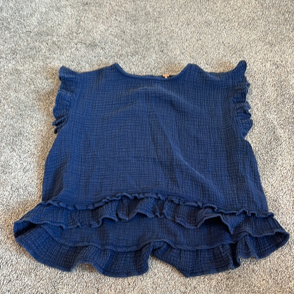 Free People Navy Ruffle Blouse